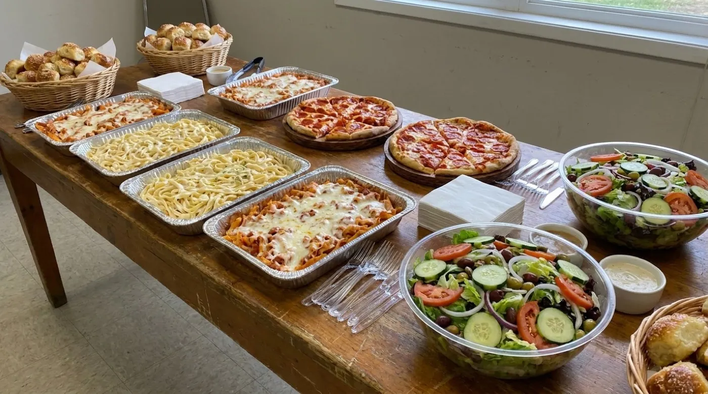 Large Italian catering spread sized for 25 people with multiple pasta trays, pizzas and salads