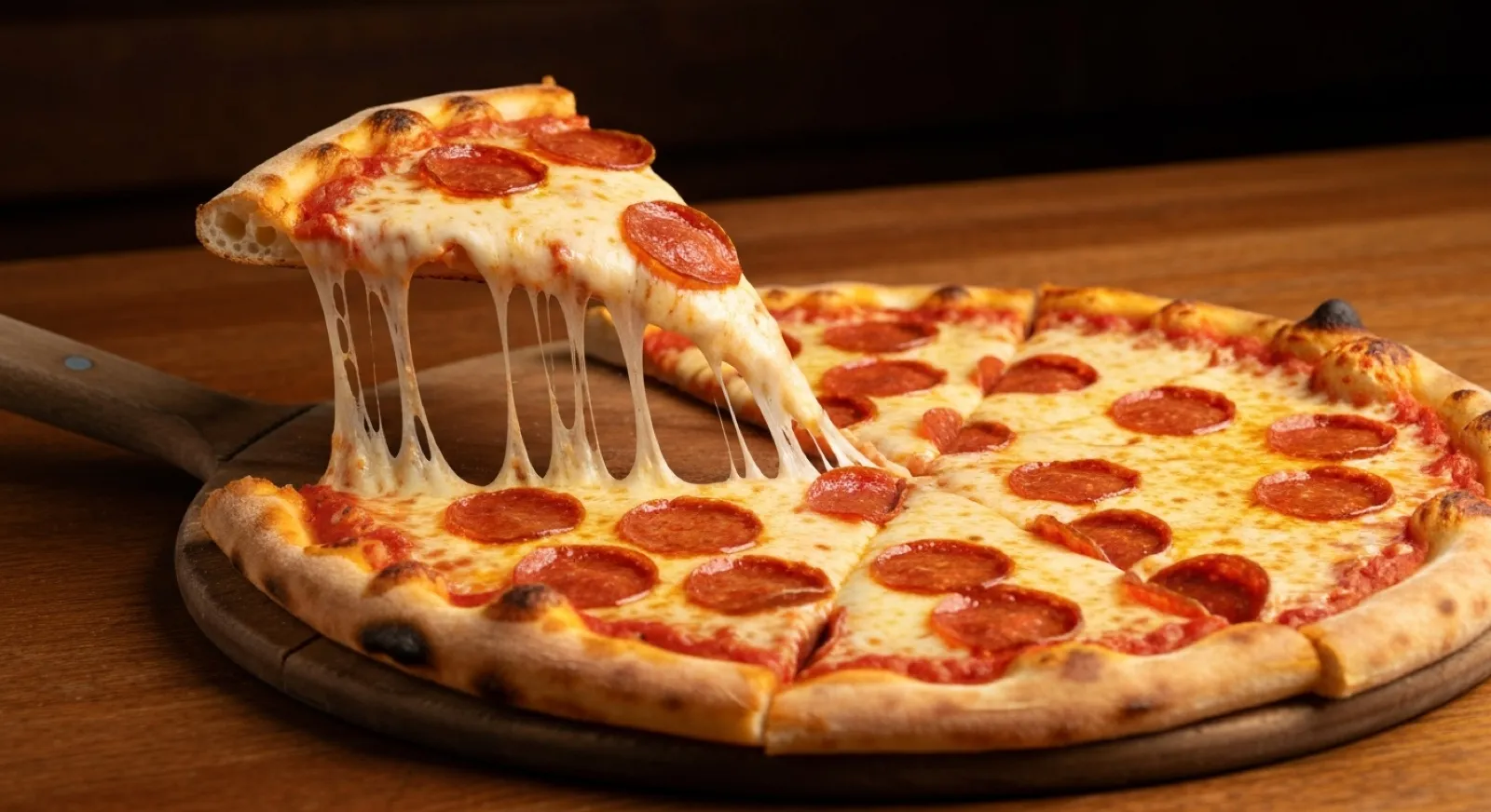 A classic New York style cheese pizza slice being lifted, with a foldable thin crust