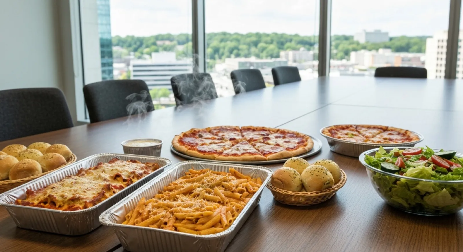 Hot Italian office lunch catering delivered to a conference table near Northwinds Parkway in Alpharetta