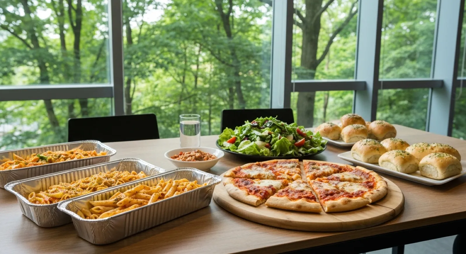 Italian team lunch catering spread by a window overlooking trees at a Sanctuary Park office