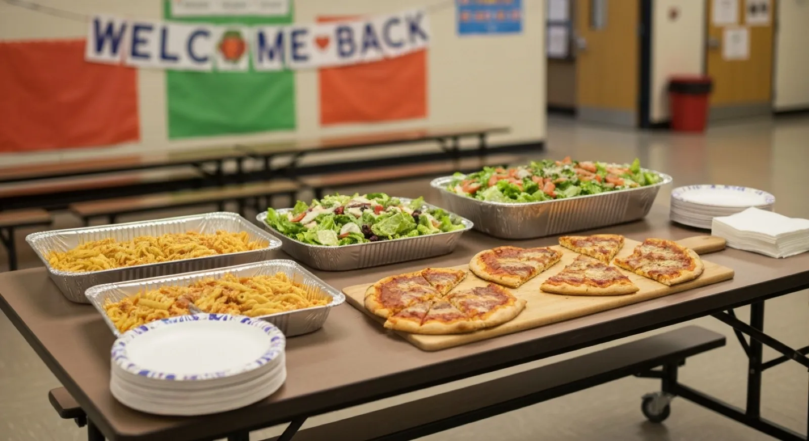 Italian catering trays set up on a cafeteria table for a school PTA event in Alpharetta