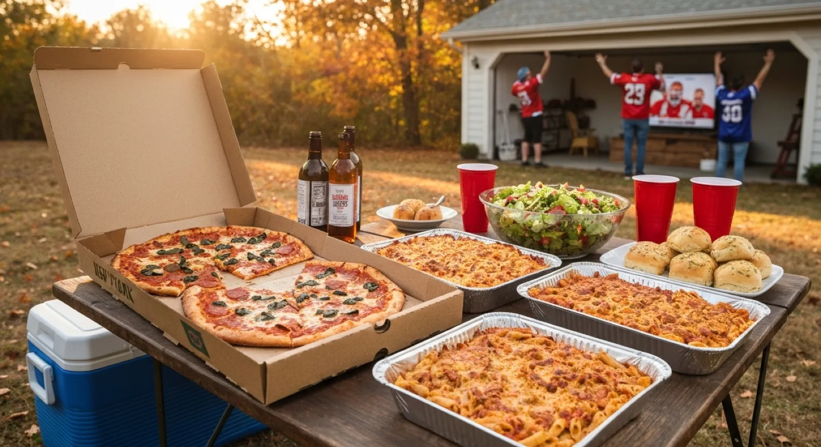 Game-day tailgate spread with NY pizza, pasta trays and salad on a table with football fans in the background