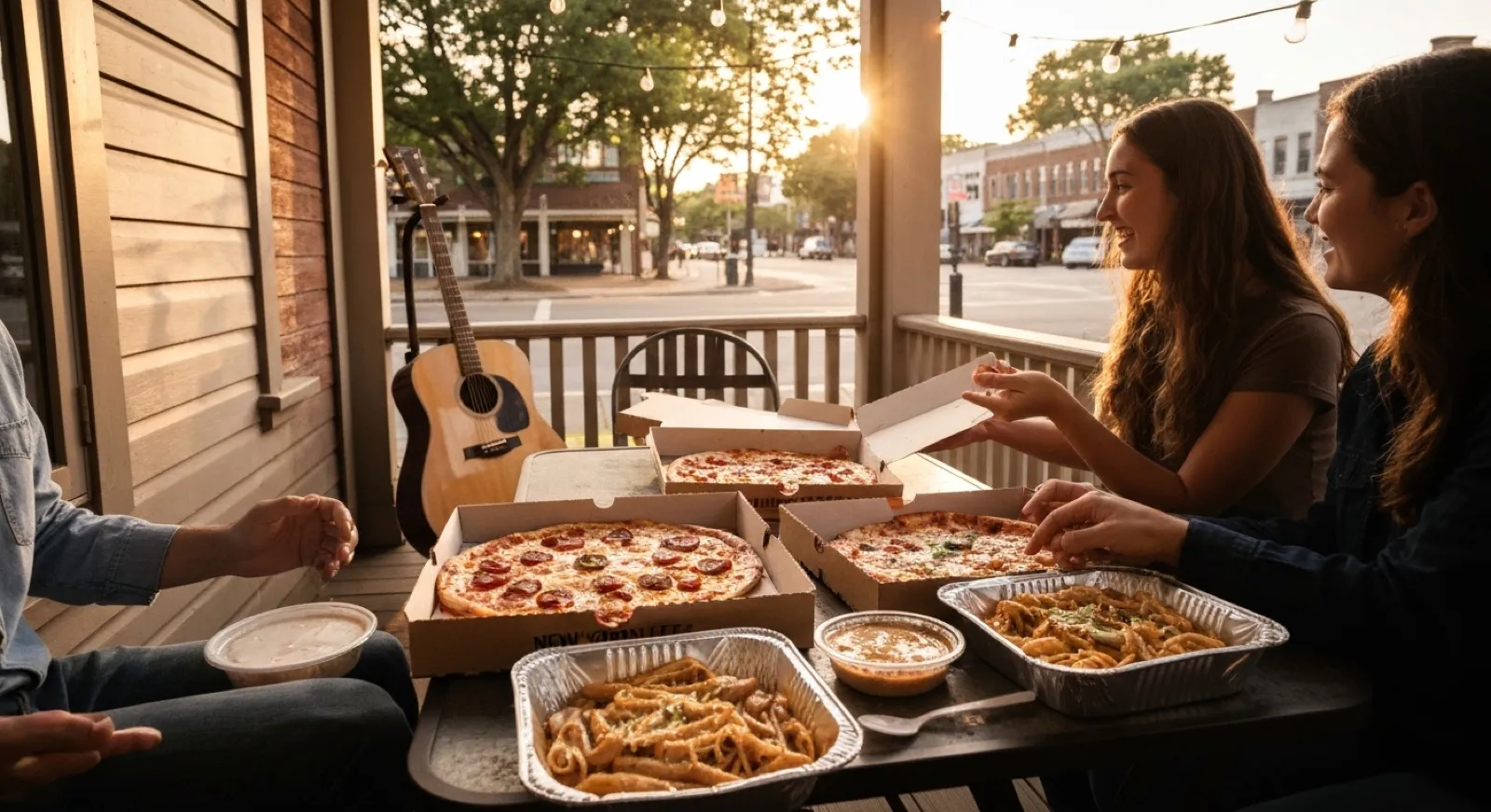 Friends sharing pizza and pasta on a porch before heading to the Wire and Wood music festival in downtown Alpharetta